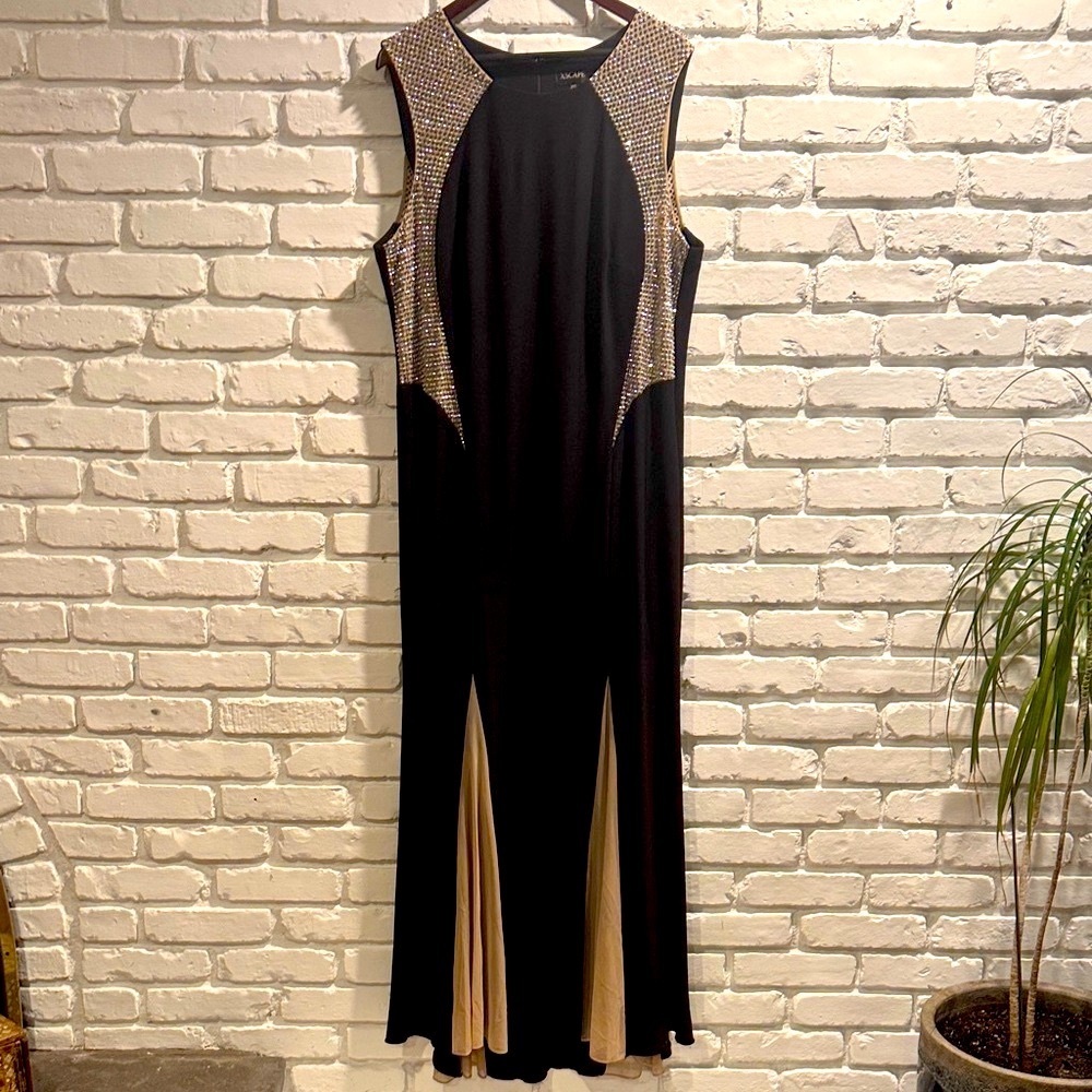 Xscape Black Evening Gown with Gold Accent Panels